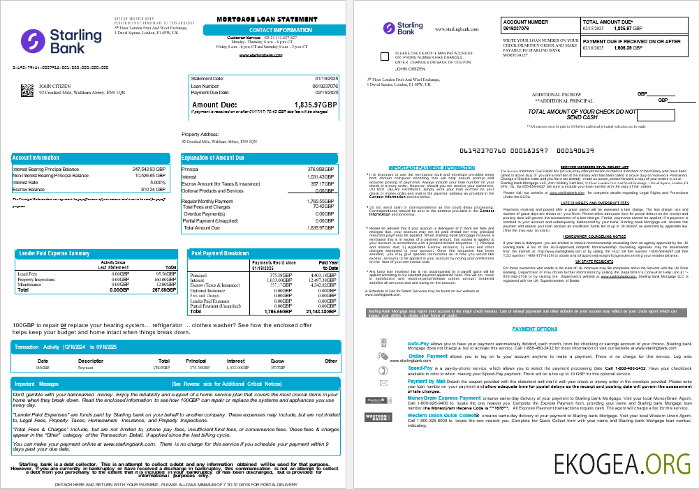 Royaume , Uni Relevé de prêt hypothécaire de la Starling Bank aux formats Word et PDF, 8 pages 1, 2